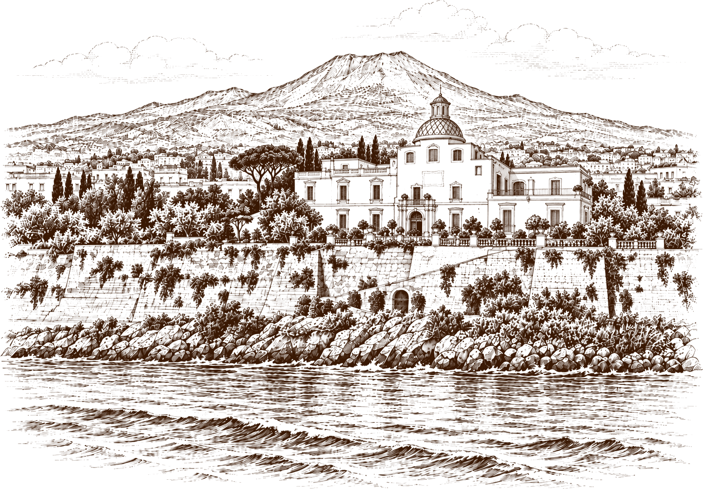 Engraving of Villa de Ruggiero on the seawall at Torre del Greco, with Mount Vesuvius behind